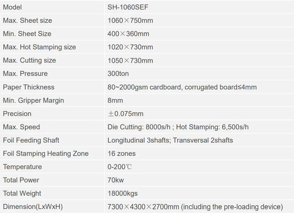 HEASN Automatic Hot Stamping & Die-cutting Machine - Main technical parameters