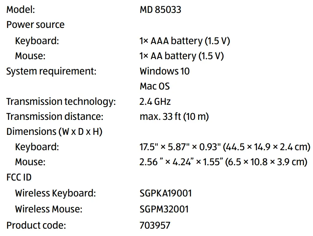 MEDION 85033 Wireless Keyboard and Mouse Set Instruction Manual - Technical data