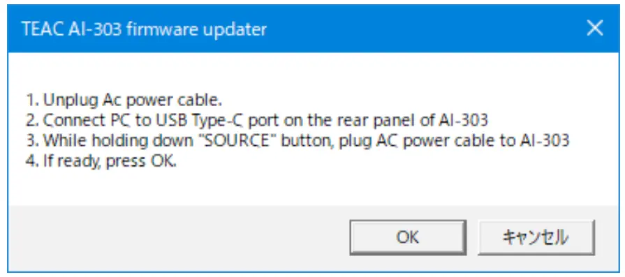 TEAC AI-303 USB DAC Amplifier - click OK