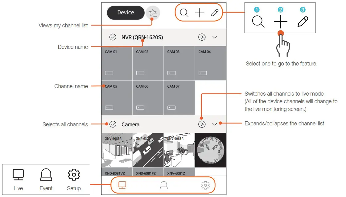 WISENET Mobile App - Device list screen 1