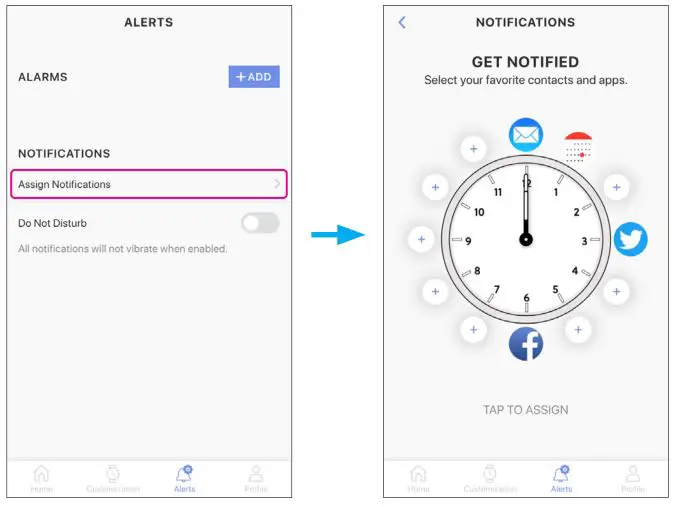Citizen YF05 - Tap [Assign notifications] on [NOTIFICATIONS]
