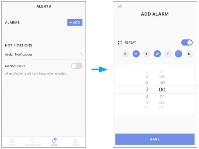 Citizen YF05 - Tap the [+ ADD] button on [ALARMS]
