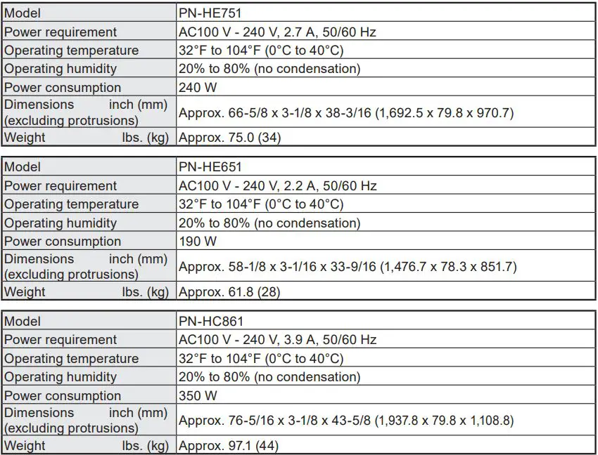 SHARP PN-HE751 LCD Monitor User Manual - Specifications