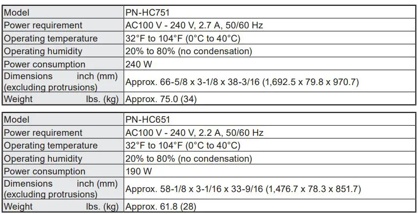 SHARP PN-HE751 LCD Monitor User Manual - Specifications