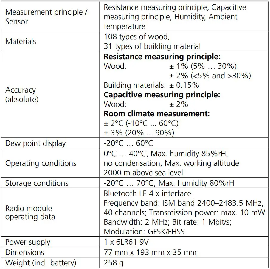 Laserliner 082 390 MultiWet-Master Compact Plus Material Moisture Meter Instruction Manual - Technical data