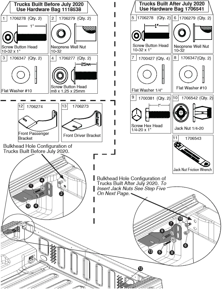 FRONT BRACKETS AND HARDWARE NEEDED FOR TRAIL RAIL AND NON-TRAIL RAIL TRUCK BEDS