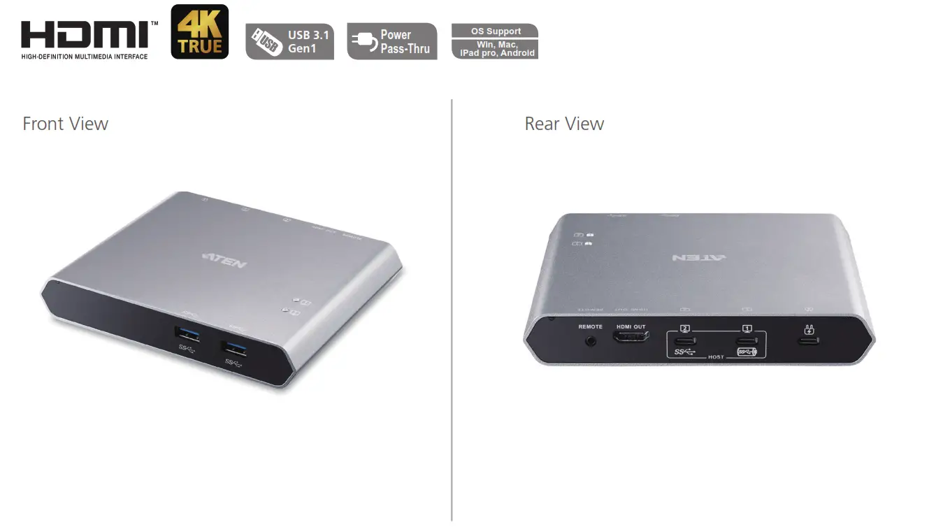 ATEN 2-Port USB-C Gen 1 Dock Switch with Power - 02