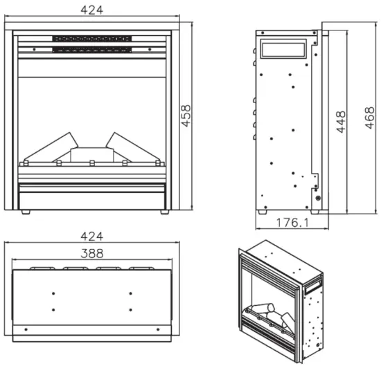 KLARSTEIN 10032595 66Cm W Electric Fire Place - DIMENSIONS