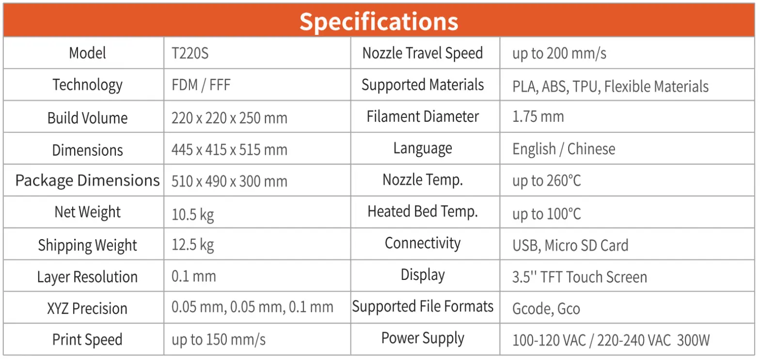 TronHoo T2205 3D Printer - Specifications