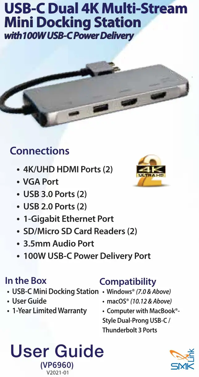 SMK-Link USB-C Dual 4K Multi-Stream Mini Docking Station VP6960 User Guide