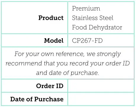 COSORI Premium Stainless Steel Food Dehydrator - WARRANTY TABLE