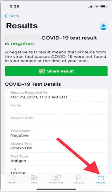 Abbott BinaxNOW COVID 19 Home Test Kit- results tab in the app