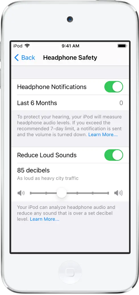 The Headphone Safety screen, showing the button for turning on or off Headphone Notifications, the number of headphone notifications sent in the last 6 months, the button for turning on or off the Reduce Loud Sounds setting, a slider for changing the maximum decibel level, and the selected decibel limit of 85 decibels.