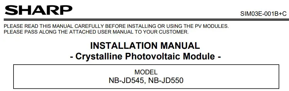 SHARP NB-JD545 Solar Panel Instruction Manual