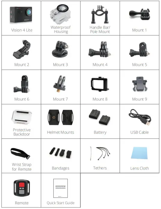 DRAGON TOUCH Vision 4 Lite Anti Shake Waterproof Action Camera - WHAT'S IN THE BOX