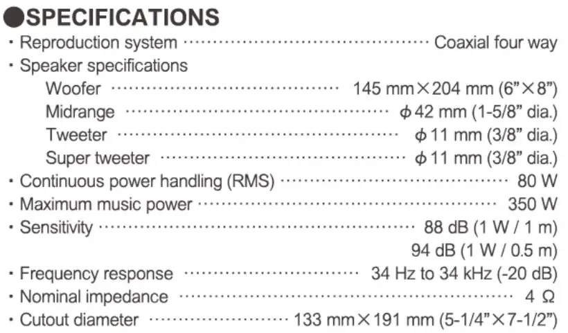 Pioneer TS-A682F 4-Way Speaker - Specifications