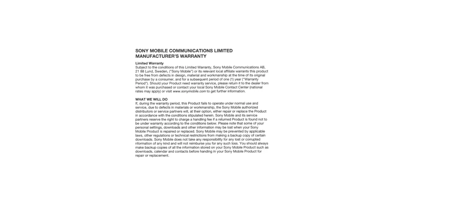 Sony Mobile Communications Limited Manufacturer's Warranty
