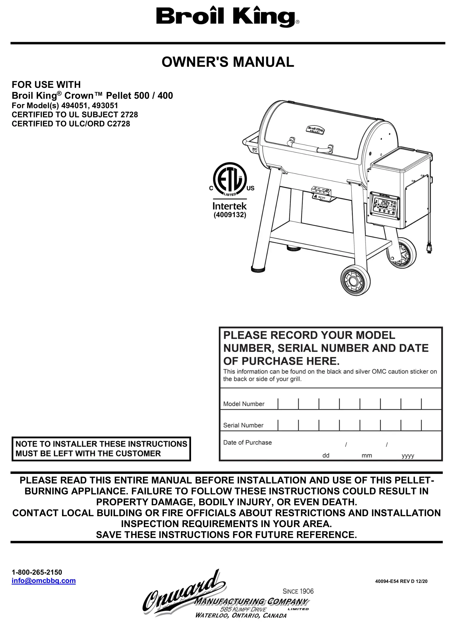 Broil King 494051 Crown Pellet 500 400 Smoker and Grill BBQ Owner's Manual