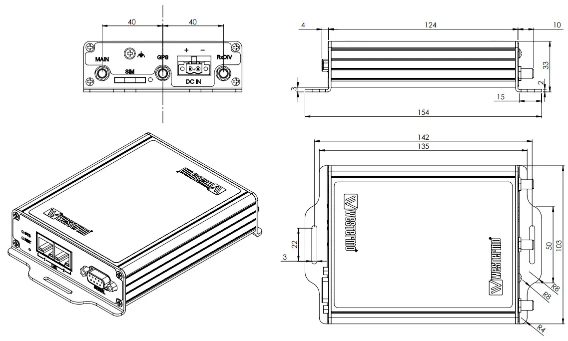 westermo MRD 415 Industrial Cellular Router - Dimensional drawing MRD 415