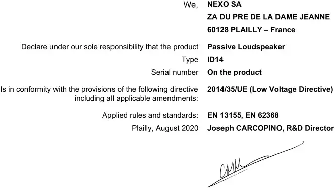 NEXO ID14 or ID14-I - EU Conformity declaration