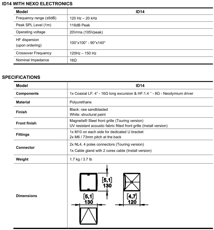 NEXO ID14 or ID14-I - TECHNICAL SPECIFICATIONS