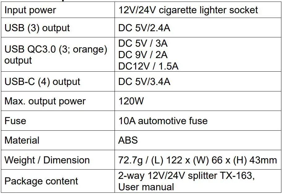 TECHNAXX TX-163 2-Way 12V-24V Splitter TX-163 with 2x USB USB-C and Smart Charging User Manual - Technical specifications
