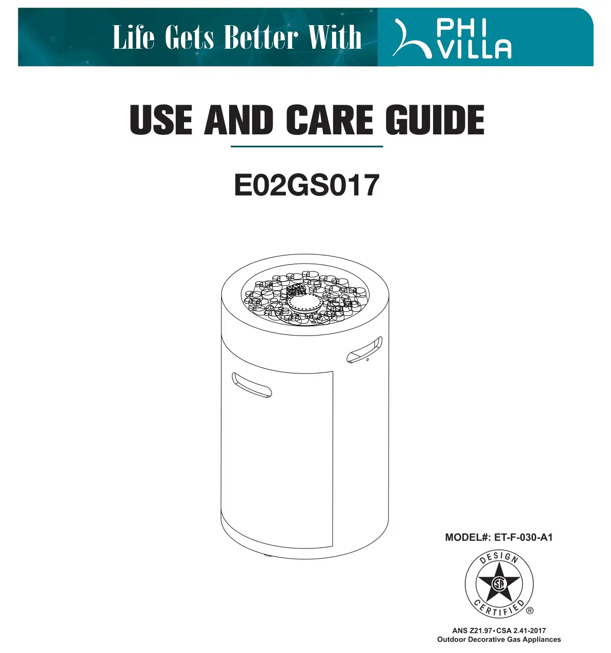 PHI VILLA E02GS017 Round Propane Fire Pit User Guide