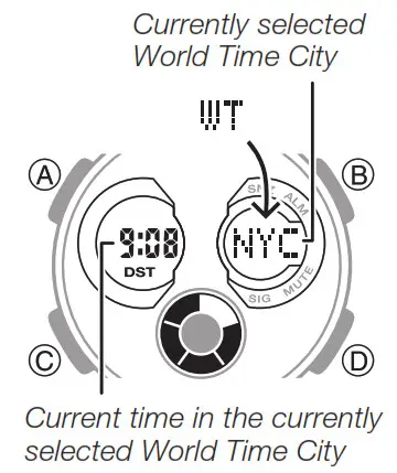CASIO watch 5607 - Checking the Current Time in a Different Time Zone