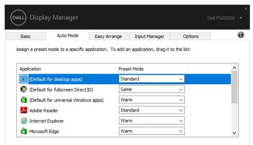 DELL P3222QE 32 Inch 4K USB-C Hub Monitor User Guide - You can also configure the Game preset mode to be used whenever a Direct3D
