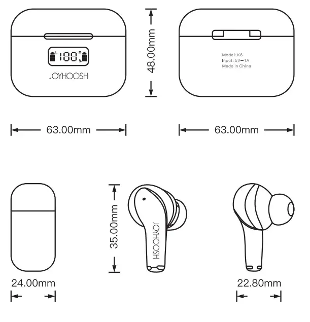 JOYHOOSH K6 True Wireless Earbuds - size