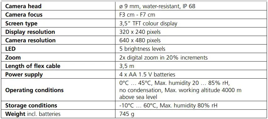 Laserliner 082.114A VideoScope XL Instruction Manual - Technical Data