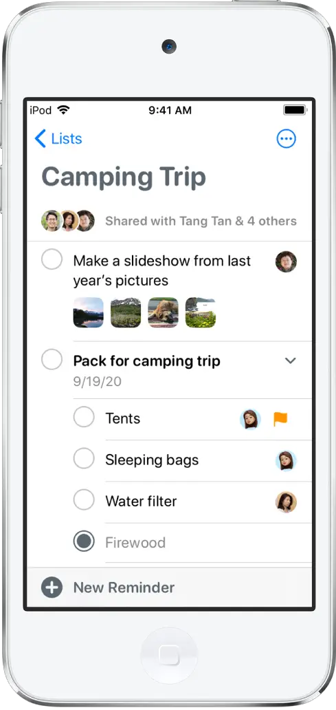 A Reminders screen showing a list of reminders. The New Reminder button is at the bottom left.