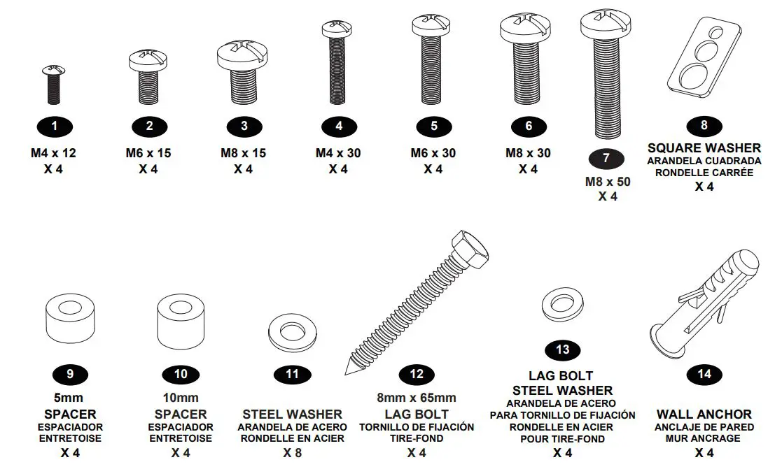 AVARRO NX-TM2460 Tilt Medium TV Mount User Manual - HARDWARE PRODUCT NUMBERS