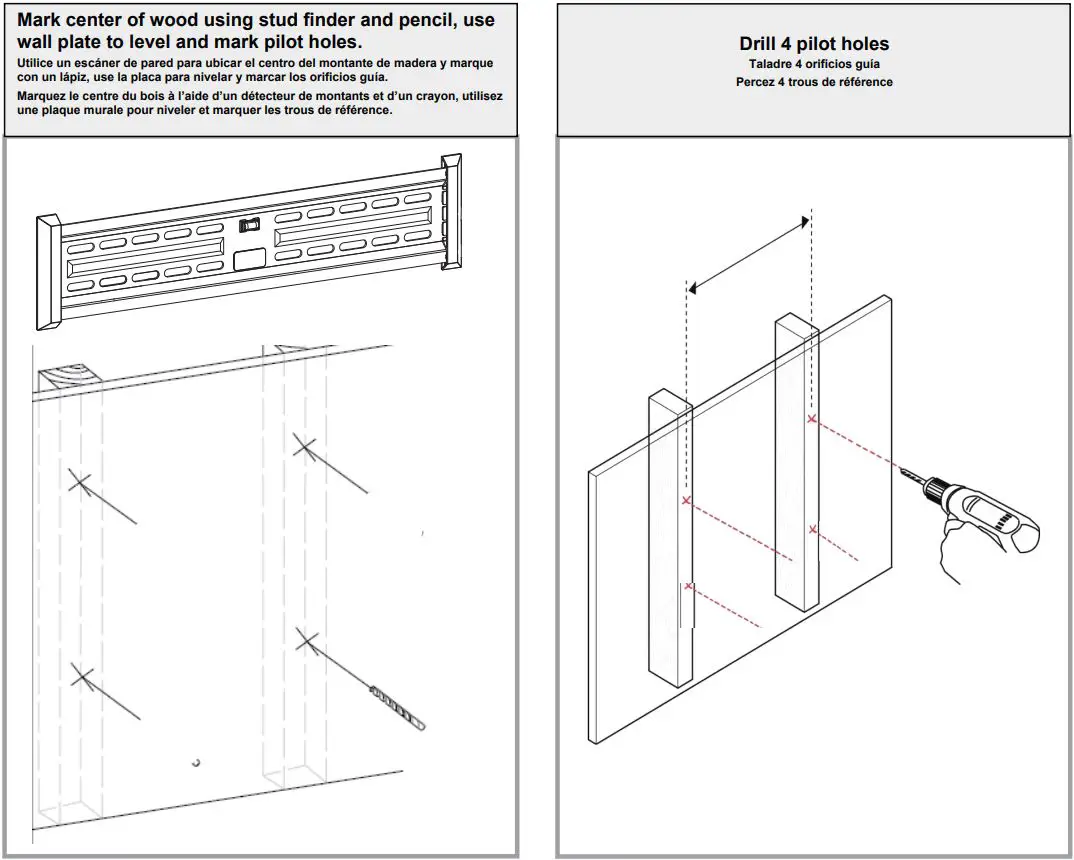 AVARRO NX-TM2460 Tilt Medium TV Mount User Manual - LOCATE WOOD STUDS AND DRILL PILOT HOLES