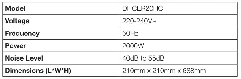 Dimplex 2 In 1 Ceramic Heater And Cooling Fan - SPECIFICATIONS