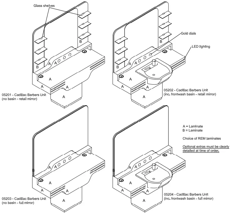 REM Cadillac Barber Mirror Unit - Laminate Finish Options