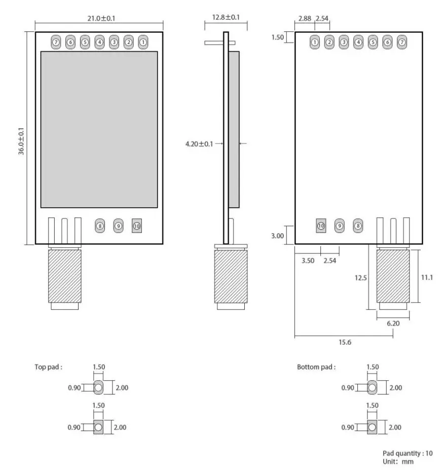 EBYTE E34-2G4D20D nRF24L01+ 2.4GHz TTL Full Duplex Wireless Module User Manual - Size and Pin definition