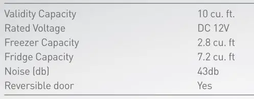 FURRION 10 Cu Ft 12V Built-in Refrigerator - Specifications
