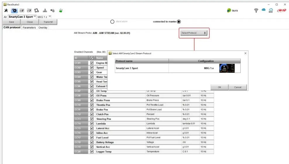 AIM 3 Sport The SmartyCam - data transmitted to the SmartyCam