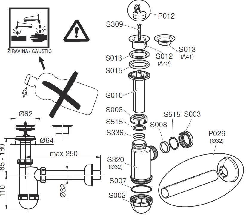 ALCAPLAST A410, A420 Wash Basin Waste and Trap fig 1