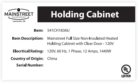 MAINSTREET EQUIPMENT 541CH1836U Full Size Non Insulated Heated Holding Cabinet - sambol 3