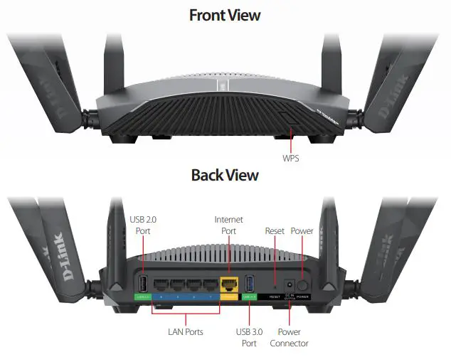 D-Link Smart Mesh Wi-Fi Router - Front View and Back View