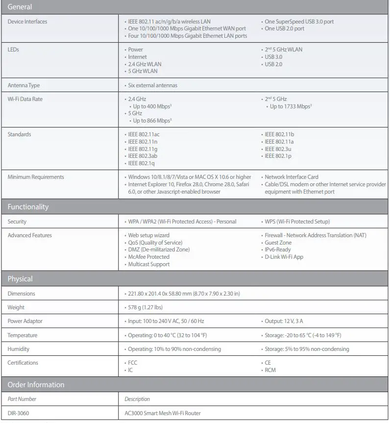 D-Link Smart Mesh Wi-Fi Router - Technical Specifications