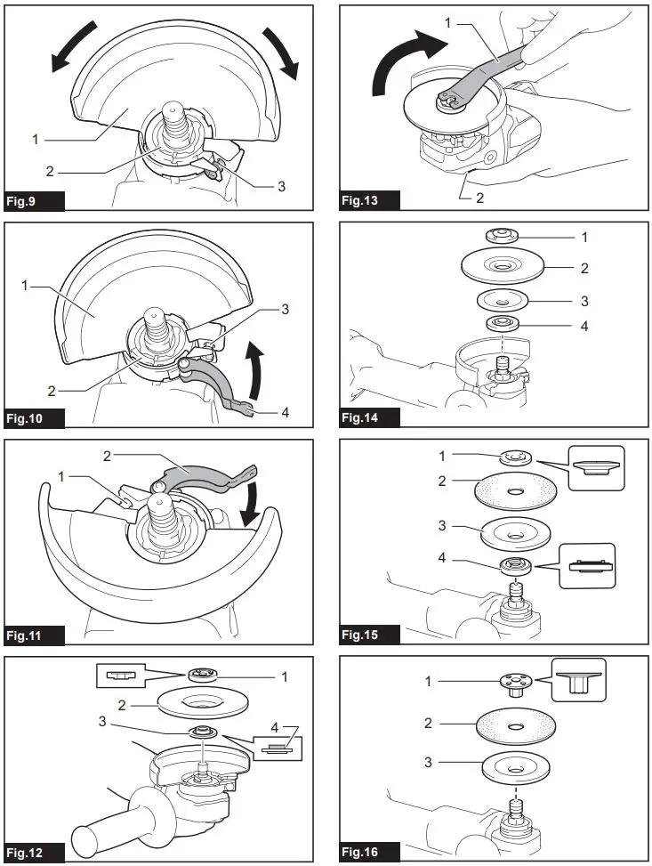 makita DGA411 Cordless Angle Grinder Instruction Manual - Fig 9,16