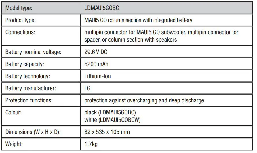 LD SYSTEM LDMAUI5GOBC GO Battery-Powered PA System - SPECIFICATIONS