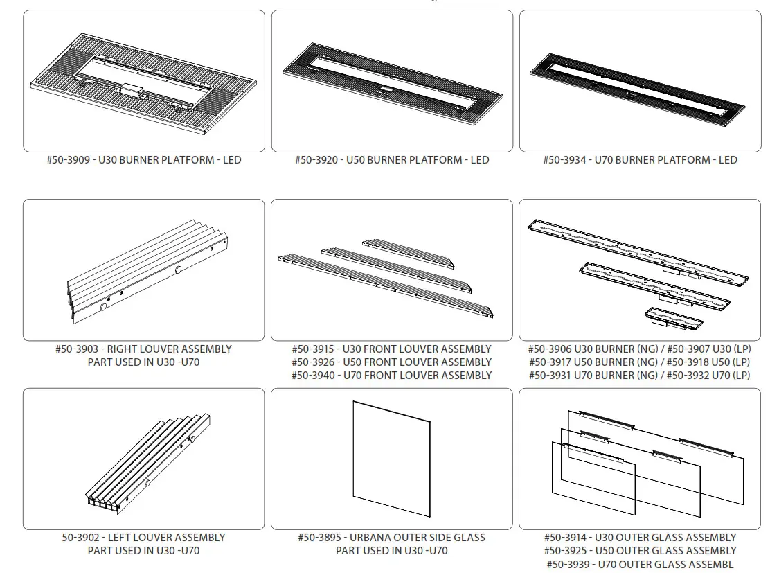 Urbana U30-U50-U70 Luxury Gas Fireplace - Parts List