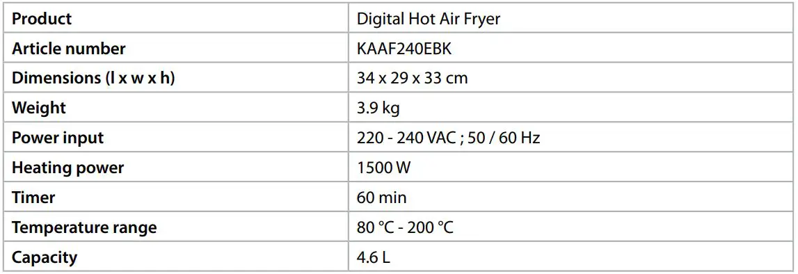 nedis Digital Hot Air Fryer KAAF240EBK - Specifications