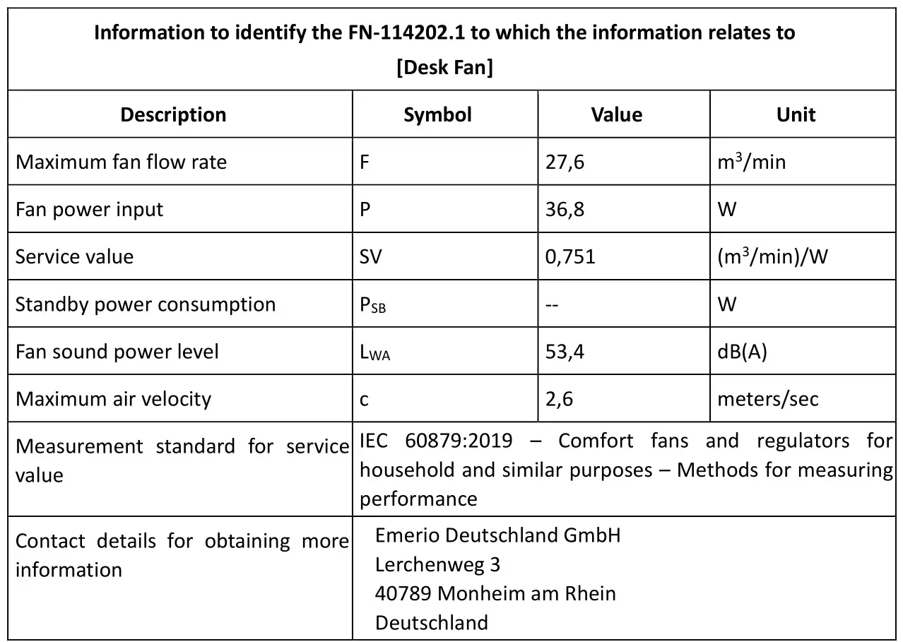 emerio FN-114202.1 Desk Fan 35 W and 30 cm - Information requirements