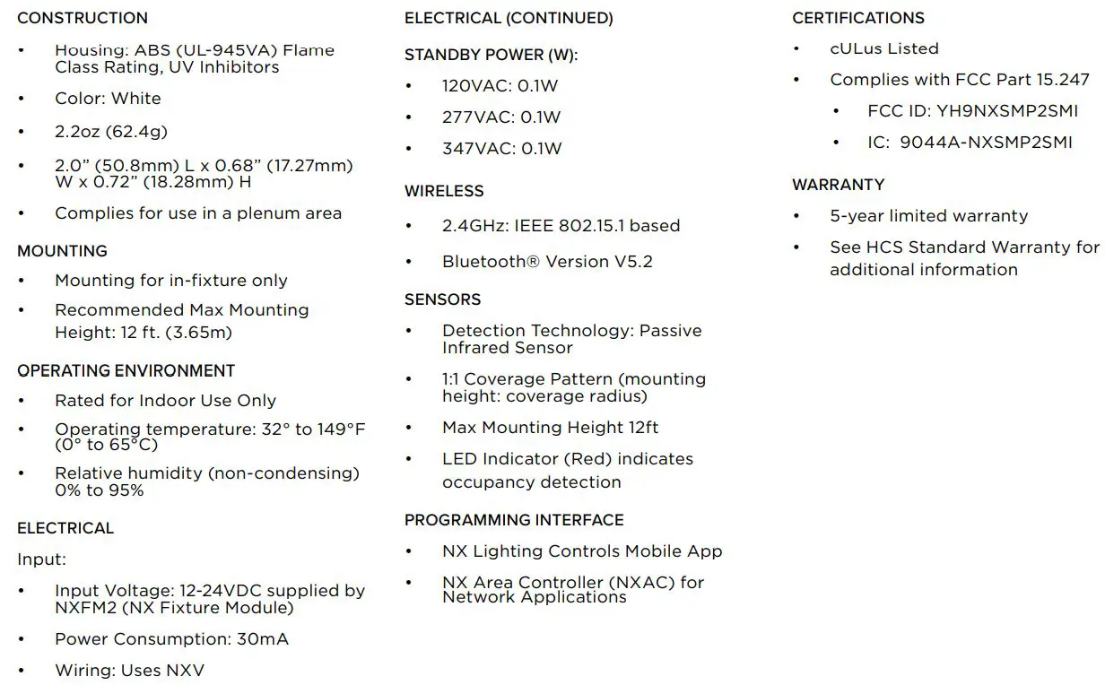 Hli Solutions NXSMP2 Series Slide Mount Sensors Instruction Manual - SPECIFICATIONS