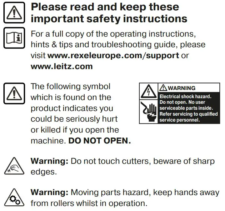 ReXel Secure X8 Cross Cut Paper Shredder Instruction Manual - Safety icon